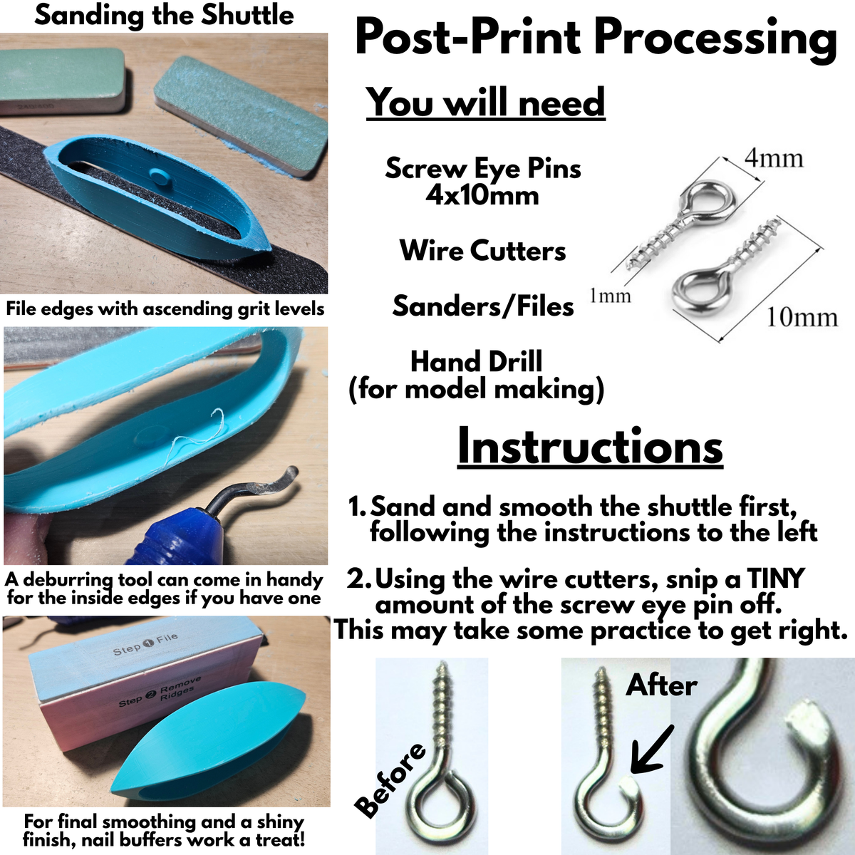 How to process the big bead shuttle, with pictures of sanding process, a list of required tools and parts and the beginning of the instructions
