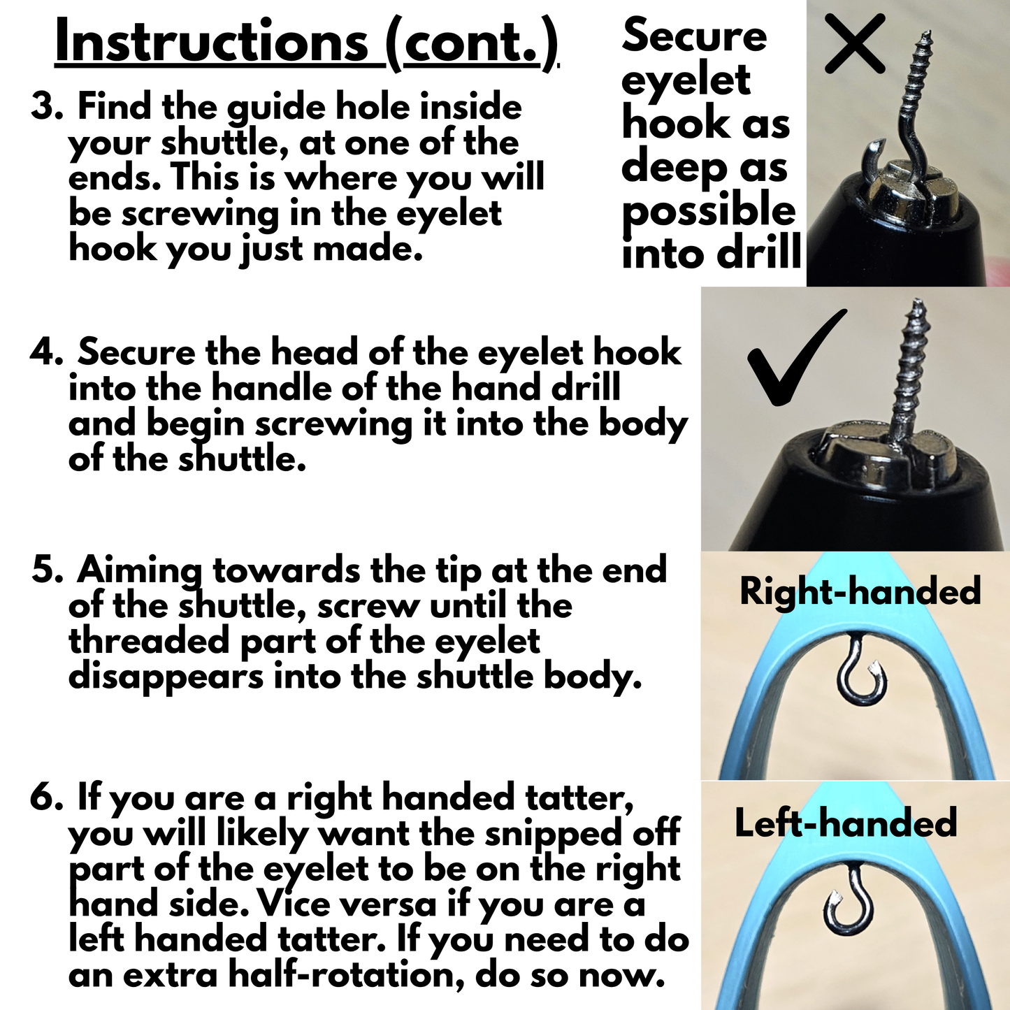 Instruction diagram showing steps for attaching an eyelet hook to a drill handle, with numbered instructions, arrows, and small photos demonstrating the process.