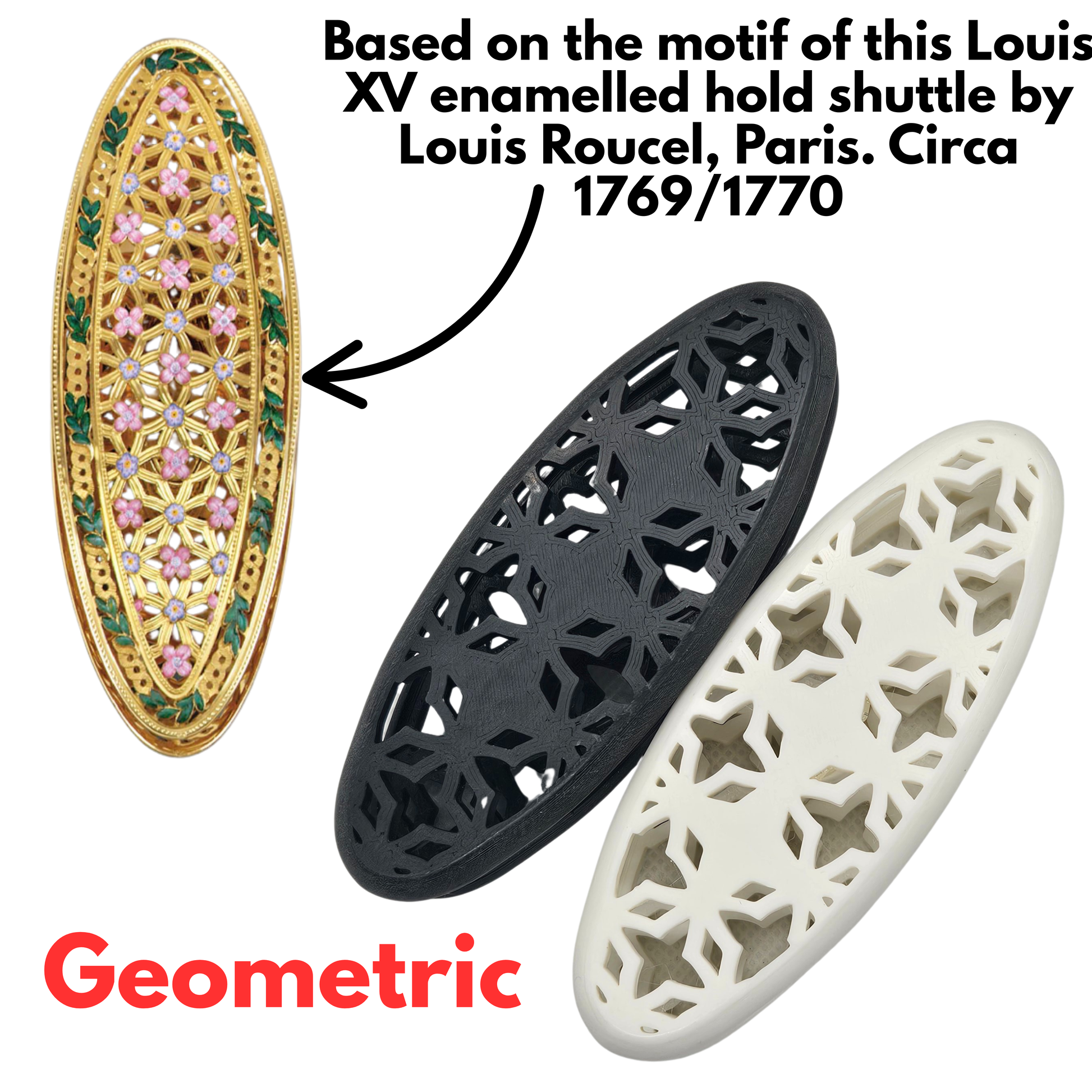Two geometrically patterned knotting shuttles inspired by the Louis XV enameled knotting shuttle on the left.