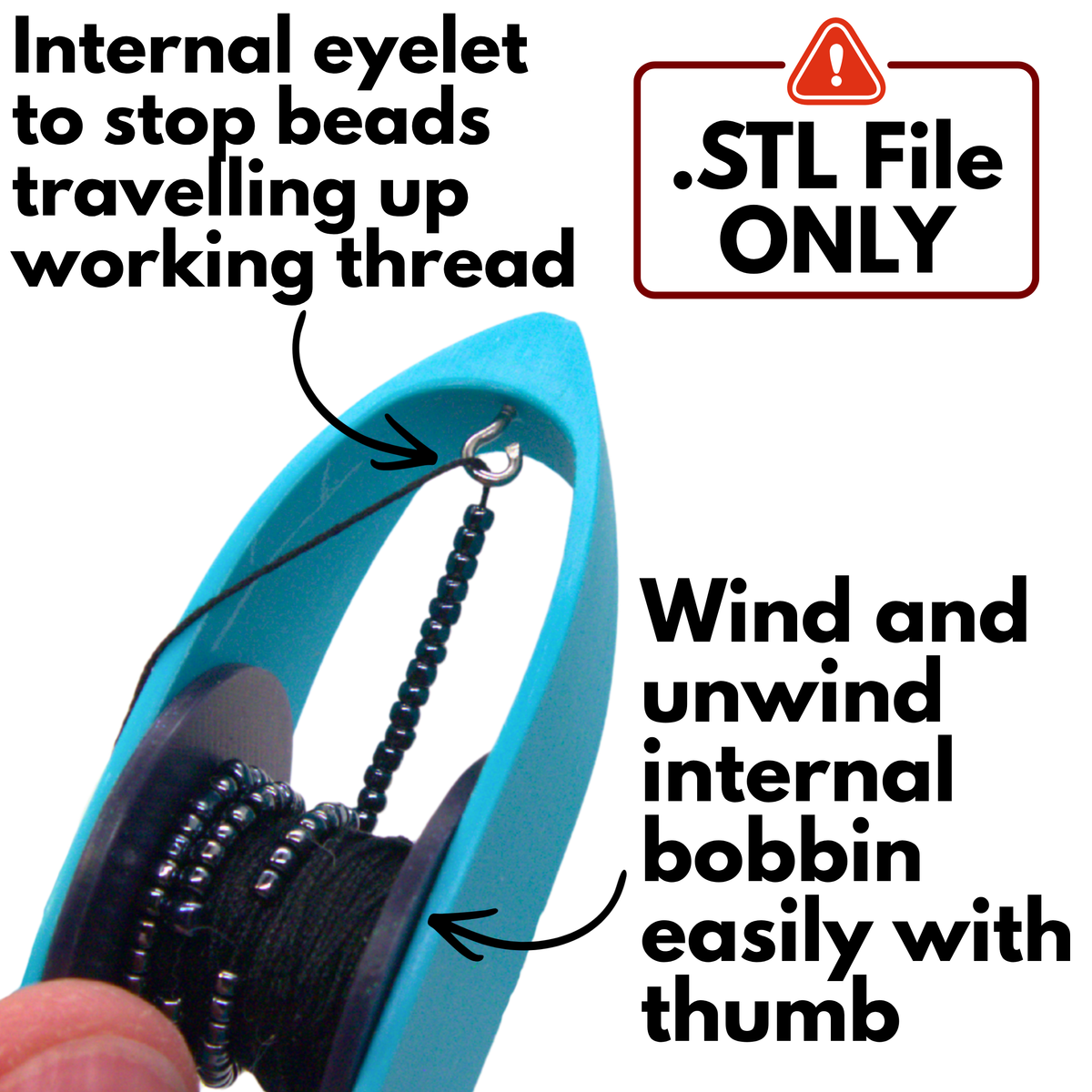 Close-up of a blue shuttle with black thread with seed beads on wound inside, shown with overlaid text explaining internal eyelet and bobbin functionality, plus a red warning label reading '.STL File ONLY'.