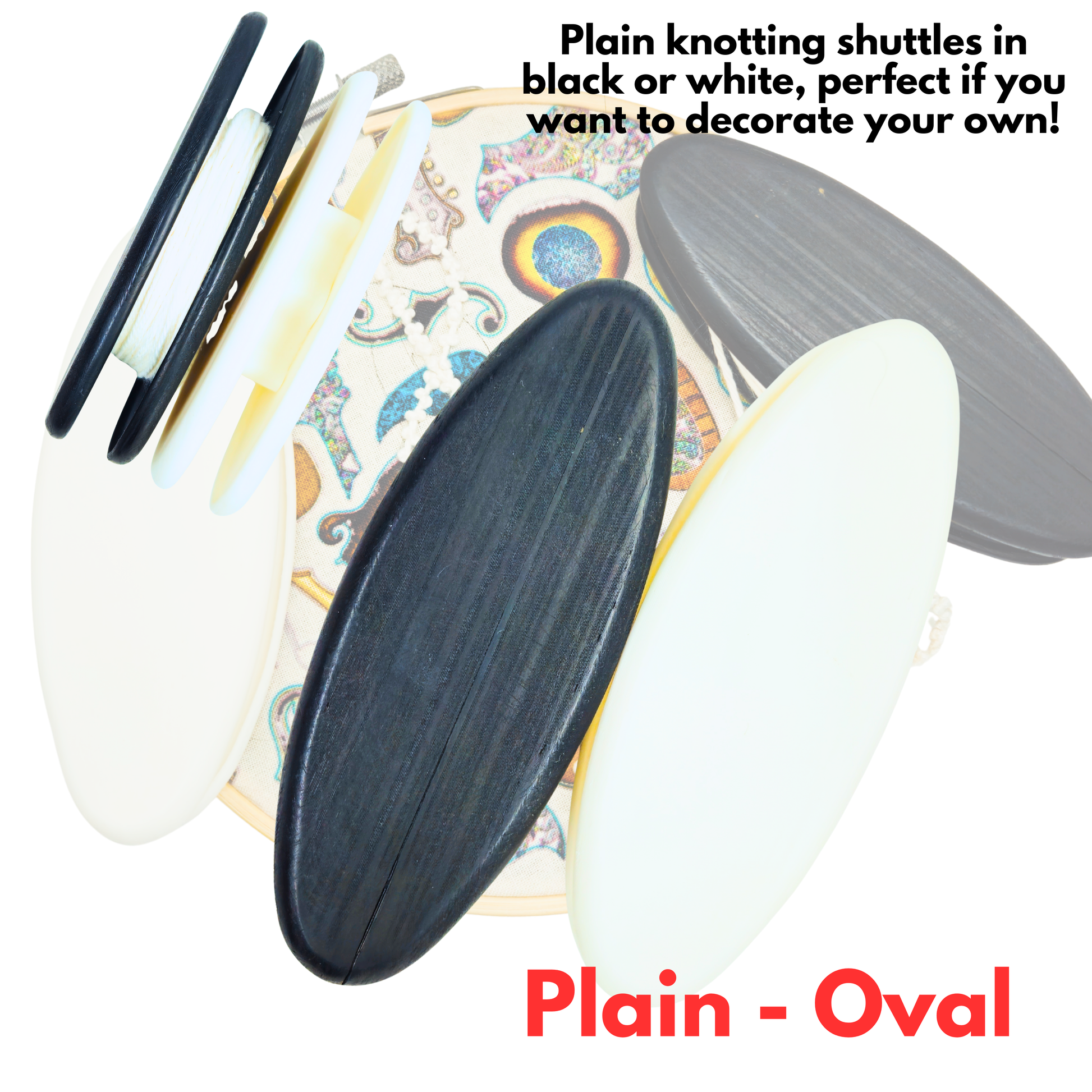 Plain oval shuttles in black and white with text on a white background