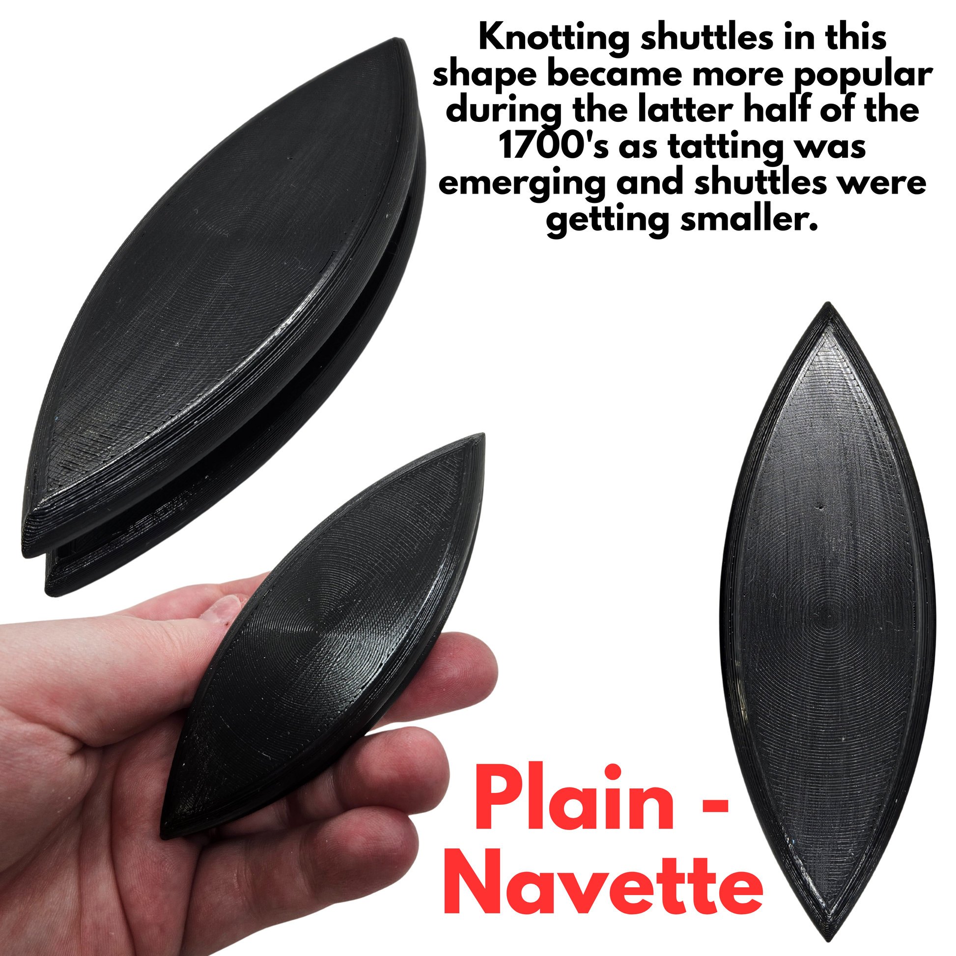 Black navette-shaped shuttles held in a hand with text about their popularity during the 1700s.