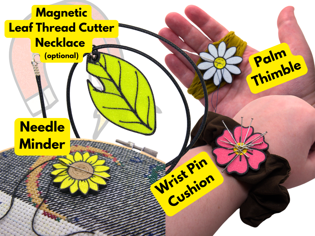 Hand holding sewing accessories with labels on a white background