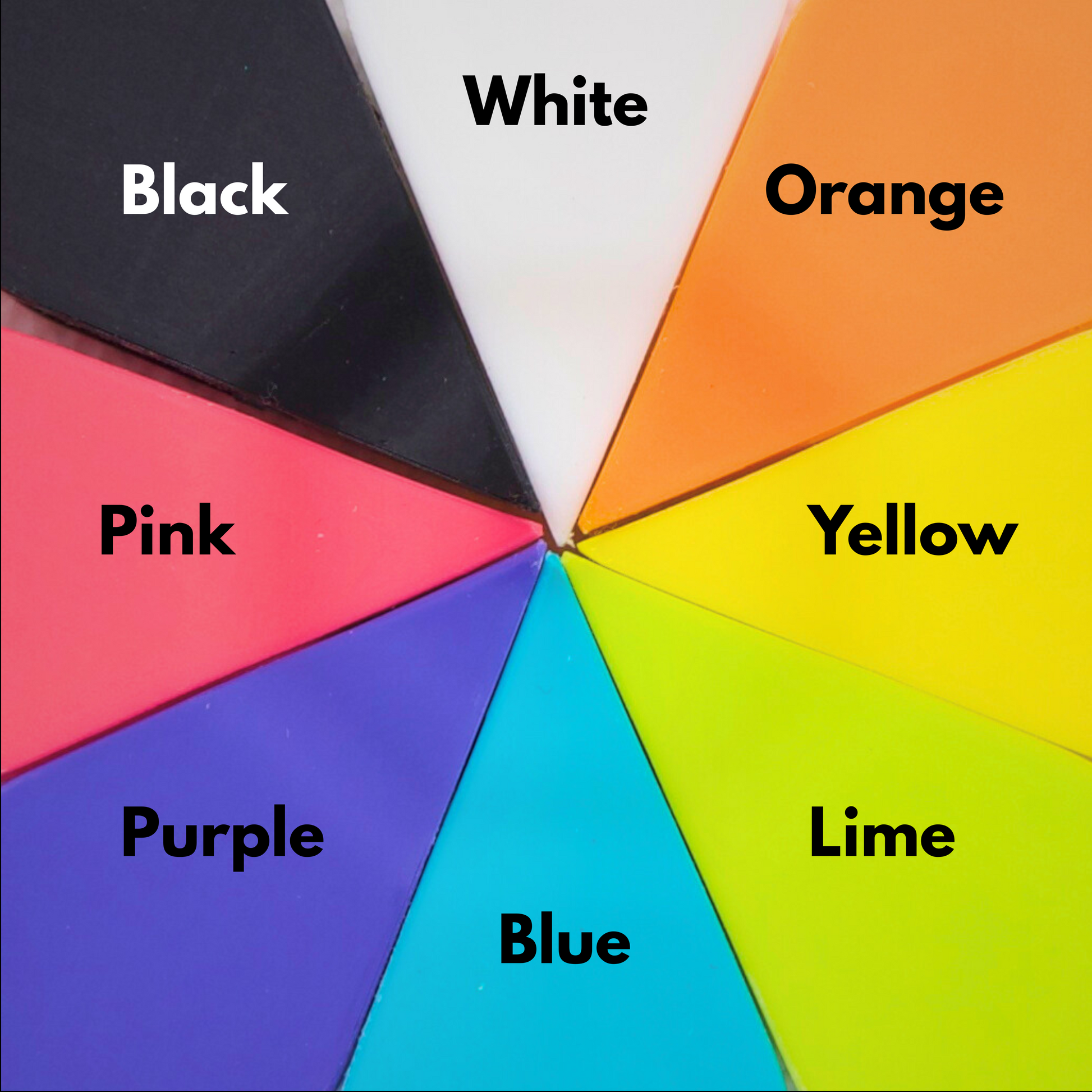 Color wheel with labeled colors including black, white, orange, yellow, lime, pink, purple, and blue.