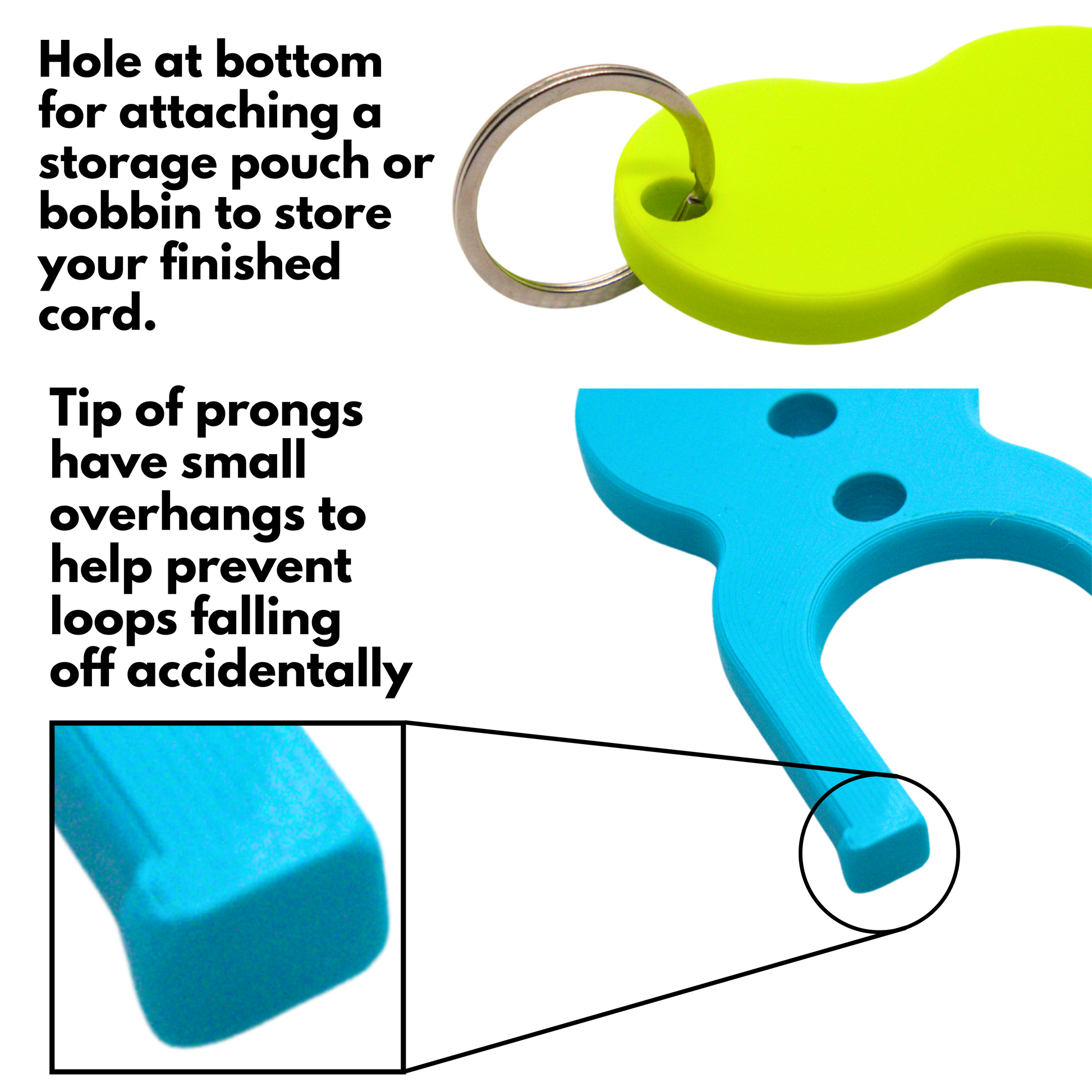 Blue lucet tool with green handle and keychain attachment, showing features for storing a finished cord. Lower picture shows a slight overhang on the lucet prongs for reducing risk of loops falling off the tips