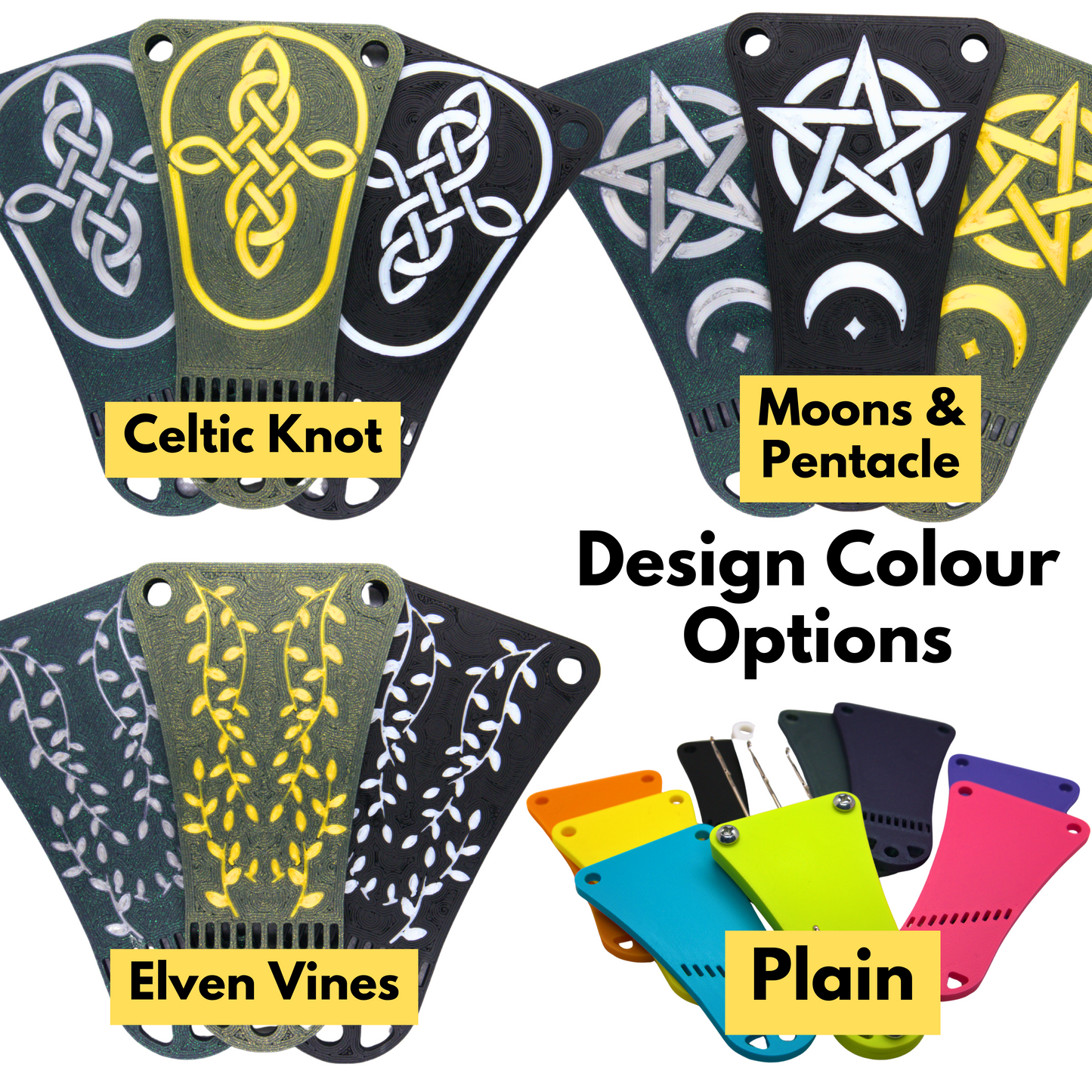 various designs the adjust-a-cord is available in including celtic knot, moons and pentacle and elven vines, as well as plain