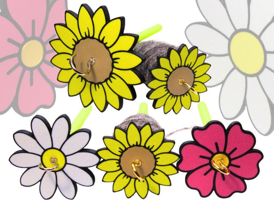 Flower-shaped drop spindles with colorful petals on a white background