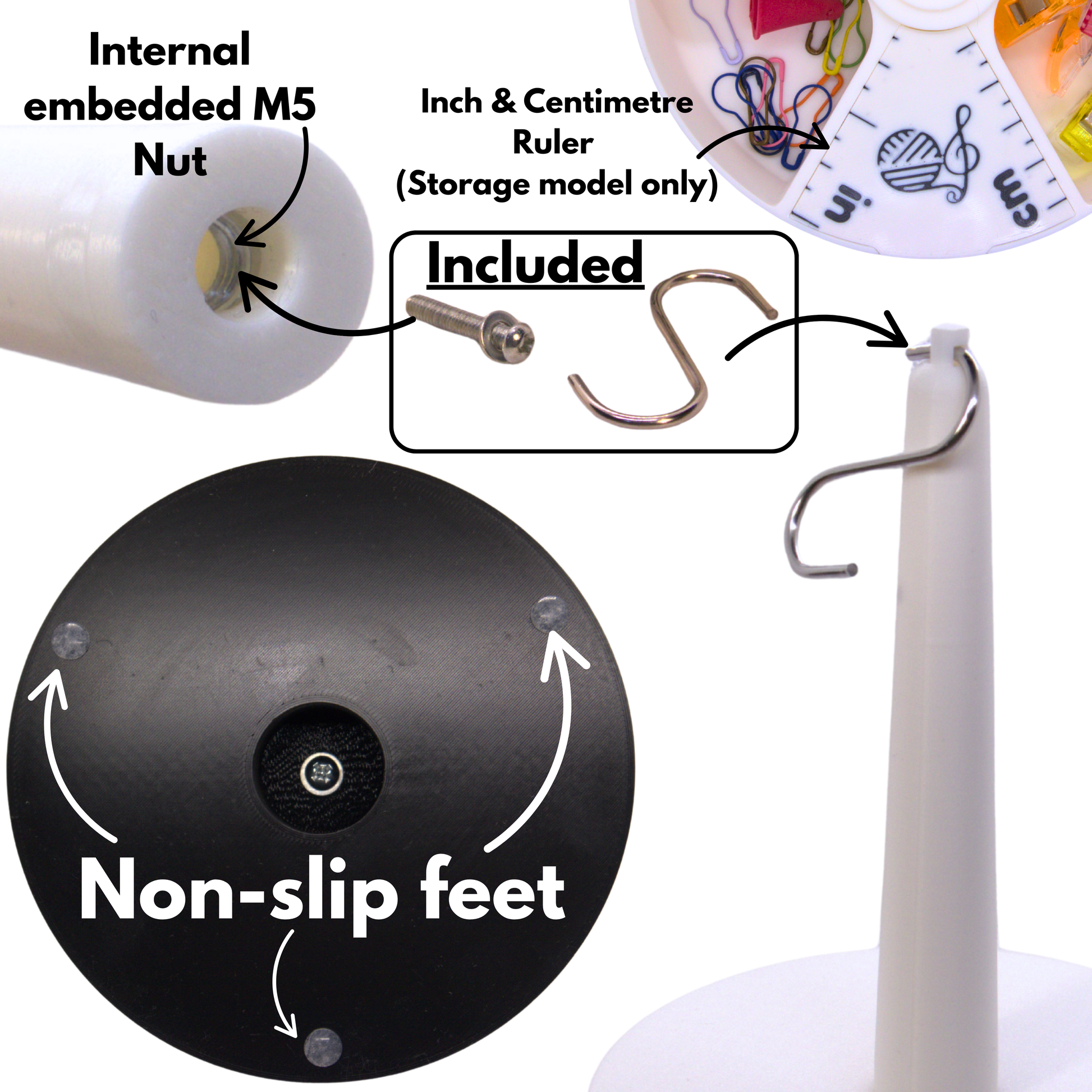 Product features including an internal M5 nut, inch and centimeter ruler, non-slip feet, and and S-hook