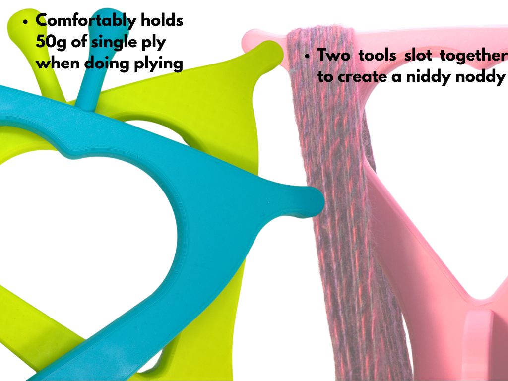 Colorful tools for yarn plying with text describing their use.