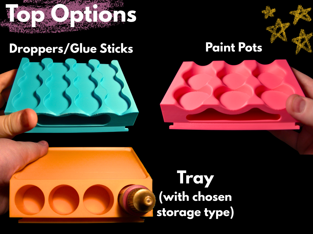 Three colorful options for the top of the art-a-stack storage system held by hands against a black background with text indicating 'Top Options' and product types.