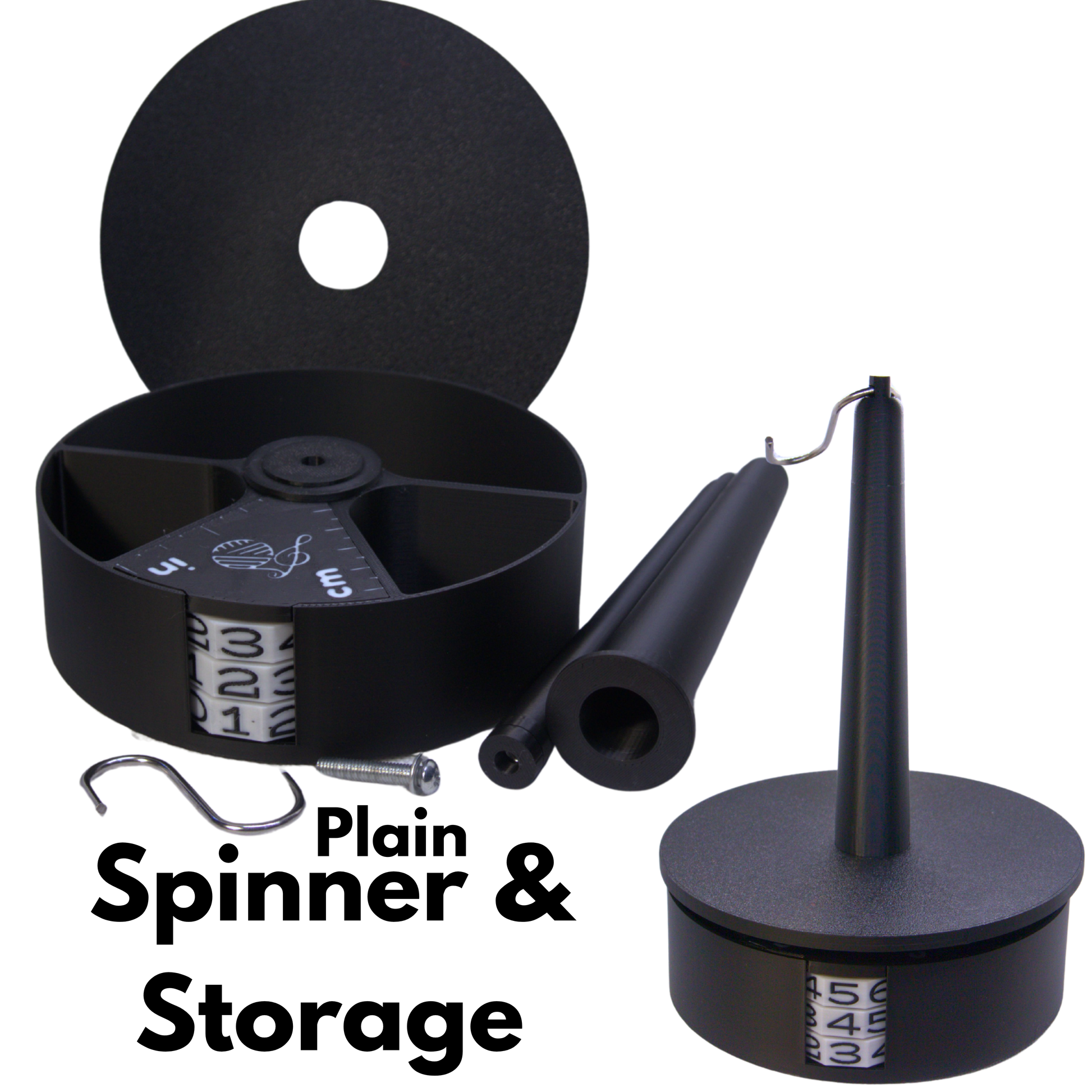 Black spinner and storage components on a white background with text 'Plain Spinner & Storage'.