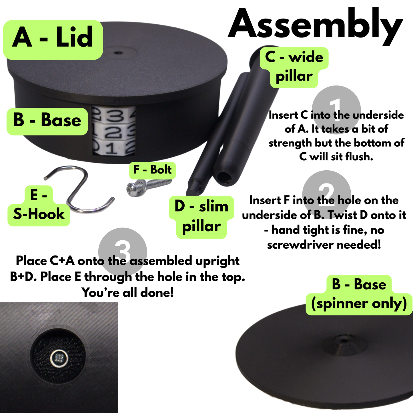 Assembly instructions for the yarn spinner with labeled parts and steps.