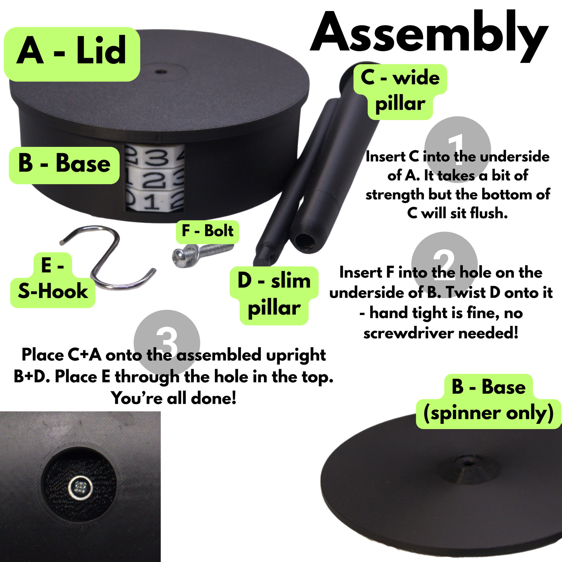 Assembly instructions for the yarn spinner with labeled parts and steps.