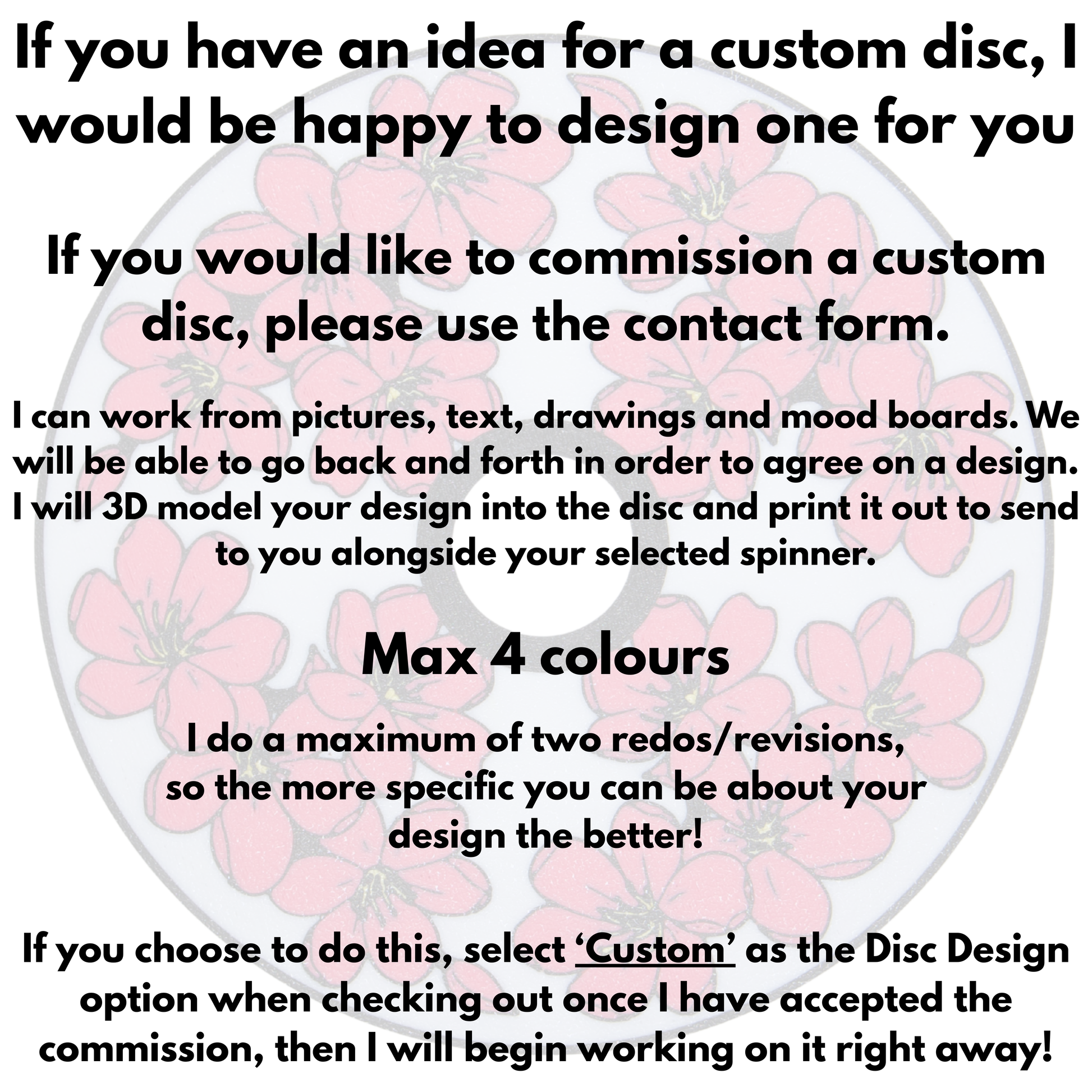 Custom disc design with pink floral pattern and text about commissioning a custom disc.