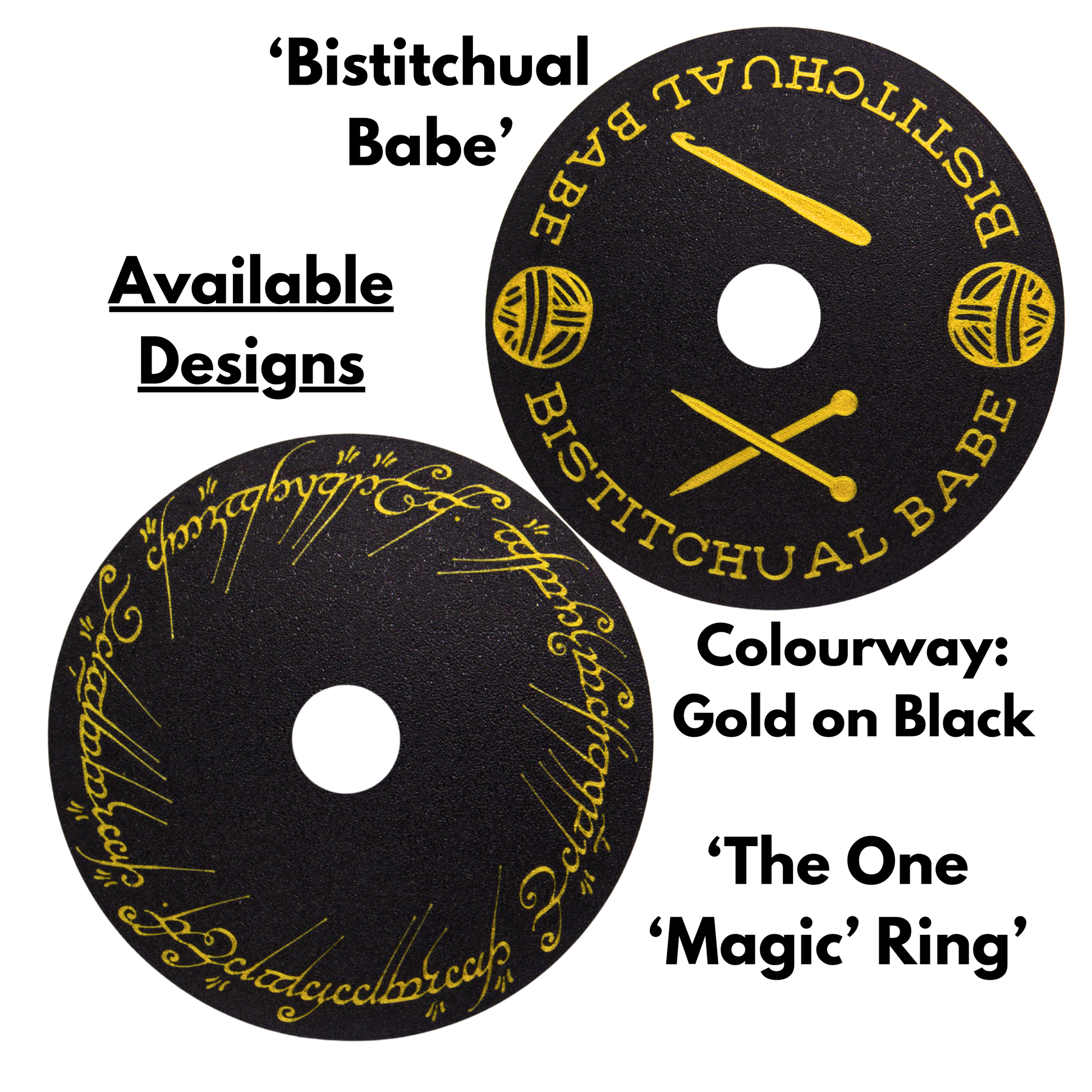 Two black circular discs with gold text and designs on a white background.