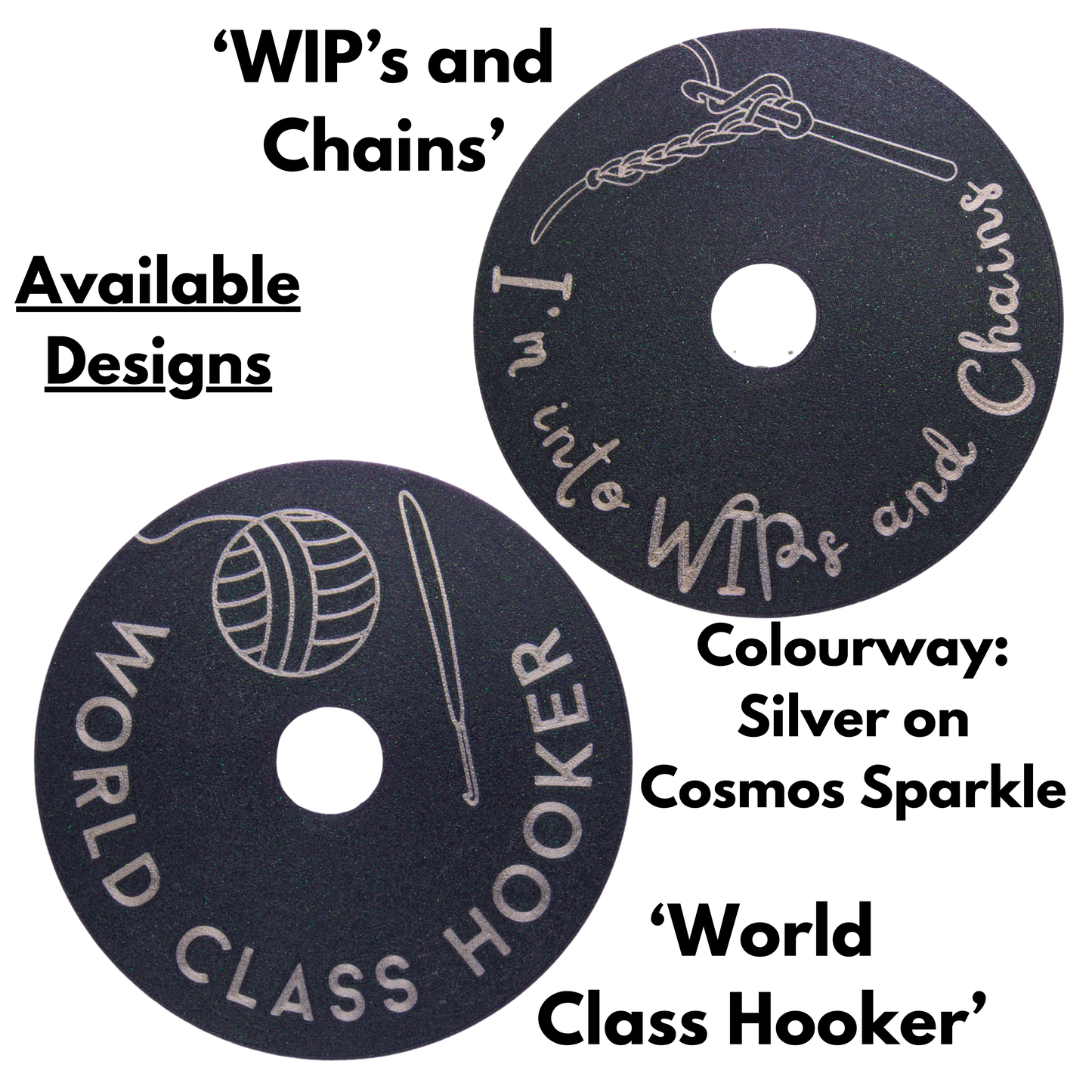 Two black circular discs with text and graphics on a white background, featuring 'World Class Hooker' branding.