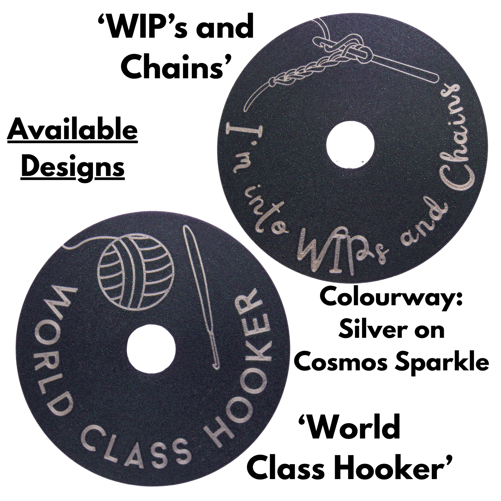 Two black circular discs with text and graphics on a white background, featuring 'World Class Hooker' branding.