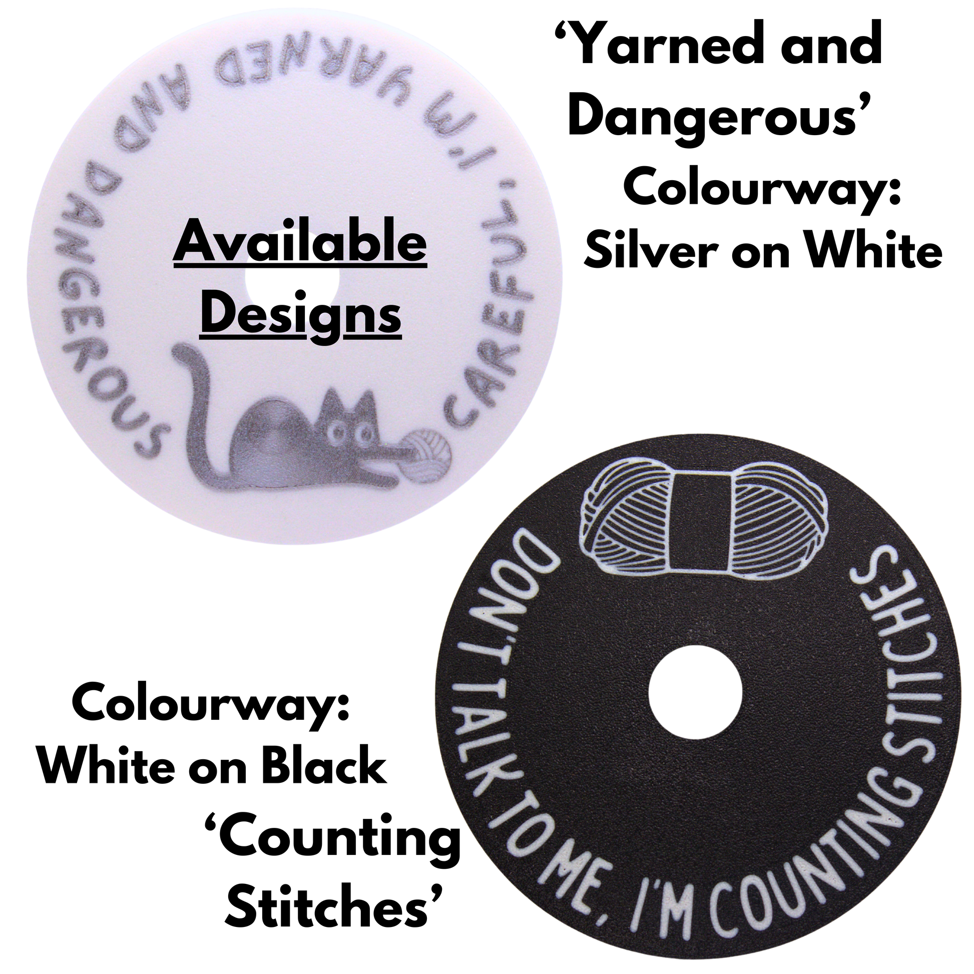 Two circular labels with text and graphics, one silver on white and the other black on white, featuring a cat illustration.