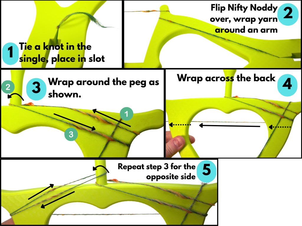 Step-by-step guide on how to use a Nifty Noddy plying tool with text instructions.