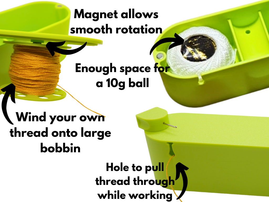 Green magnetic shuttle tatting accessory box with text highlighting features