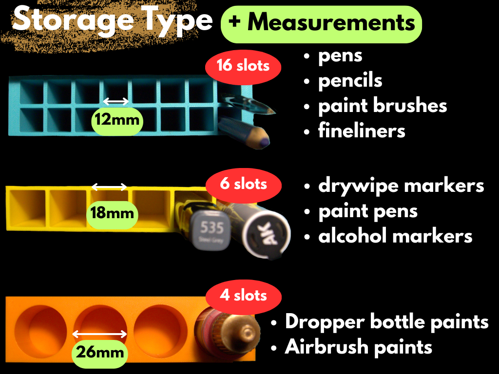 Storage containers with measurements and contents that can fit in them listed on a black background