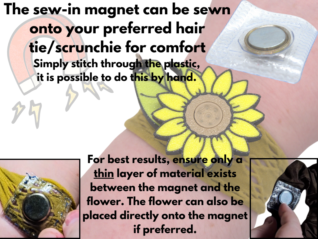 Instructions on how to use a sew-in magnet with a hair tie or scrunchie, featuring a sunflower design.