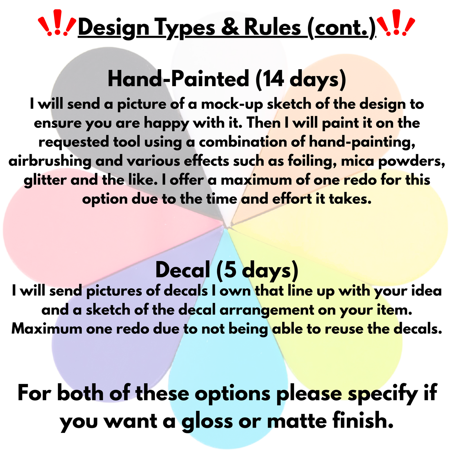Text describing design types and rules with colorful shapes 