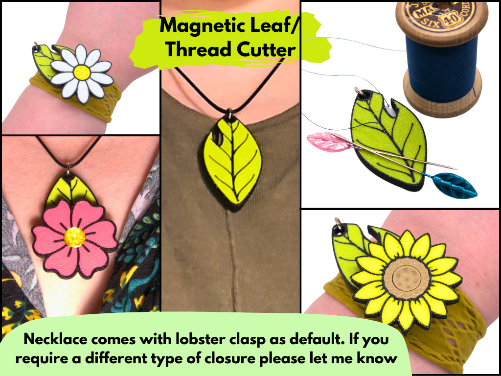 collage of leaf thread cutter worn as a necklace or bracelet with the flower attached to it. Instructions on requesting an alternate closure for the necklace