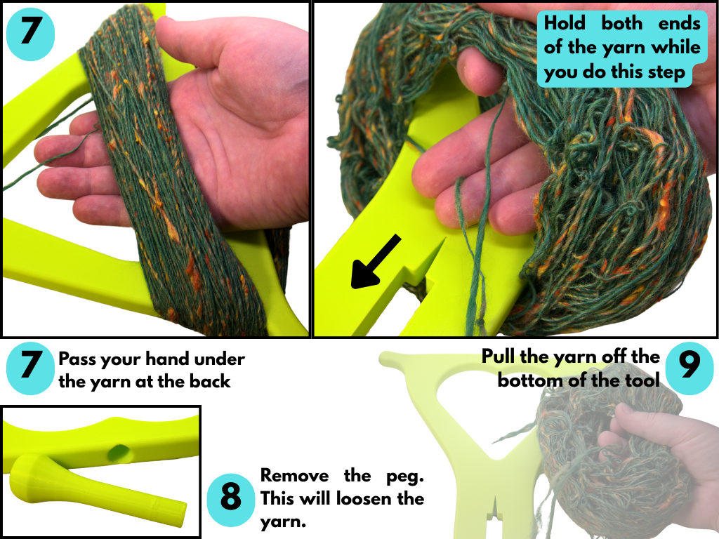 Step-by-step instructions on how to remove yarn from a tool with close-up images and text.
