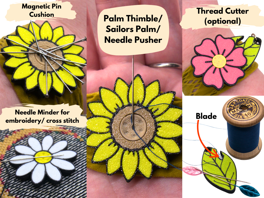 Collection of embroidery tools including a magnetic pin cushion, palm thimble, needle minder, and thread cutter to demonstrate they are all the same product with multiple features