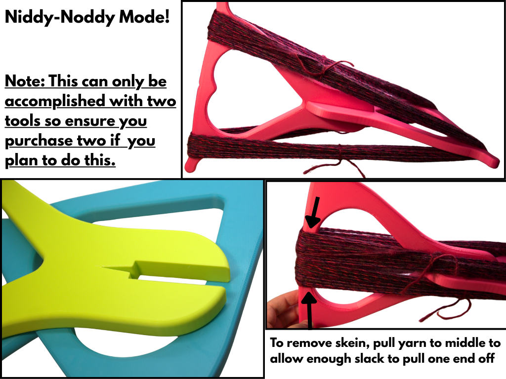 Instructions for using the tool as a niddy noddy with pink and green components on a white background.