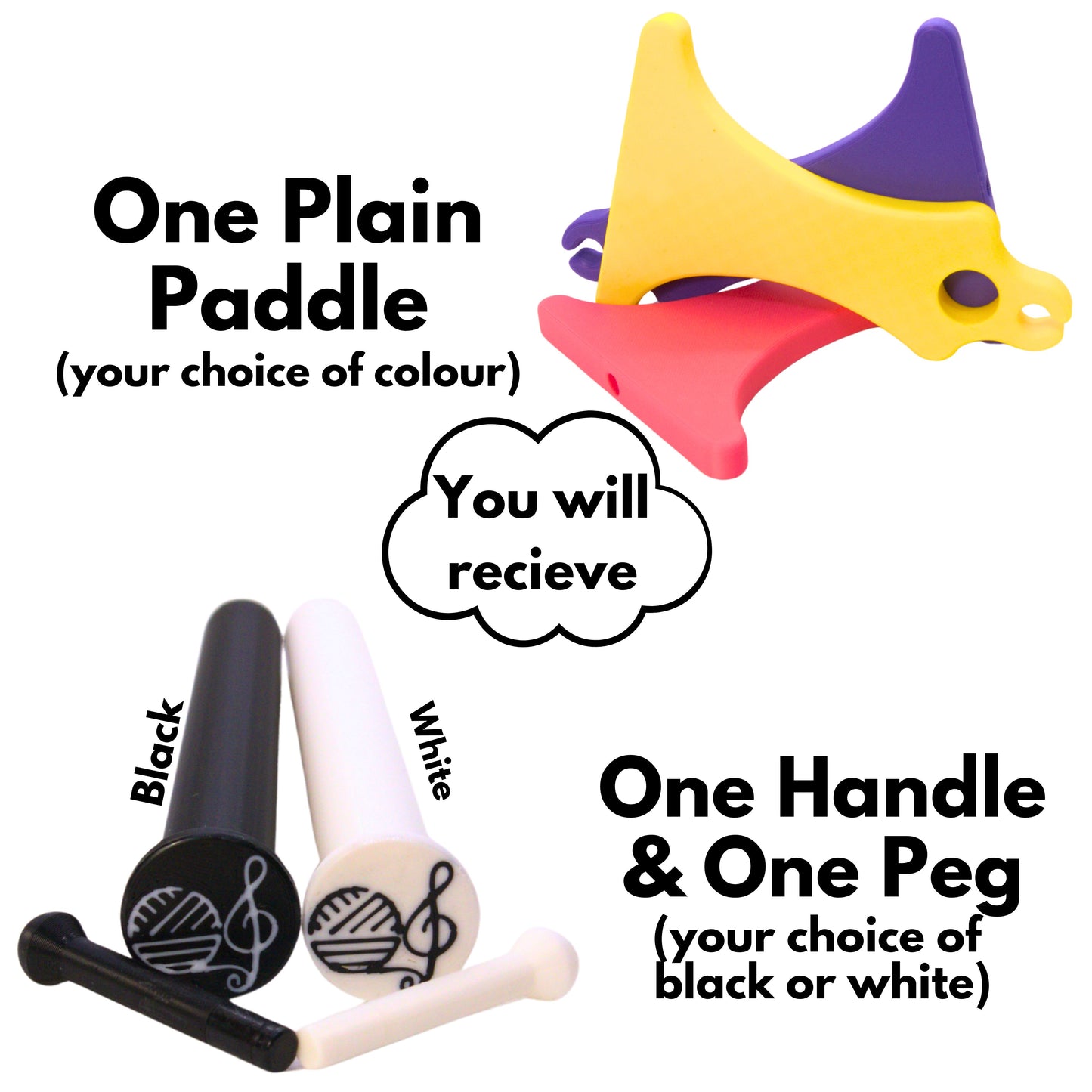 pictures of colourful mayan spinner paddles and black and white handles with text. Text reads you will receive one plain paddle (your choice of colour) one handle and one peg (your choice of black or white)
