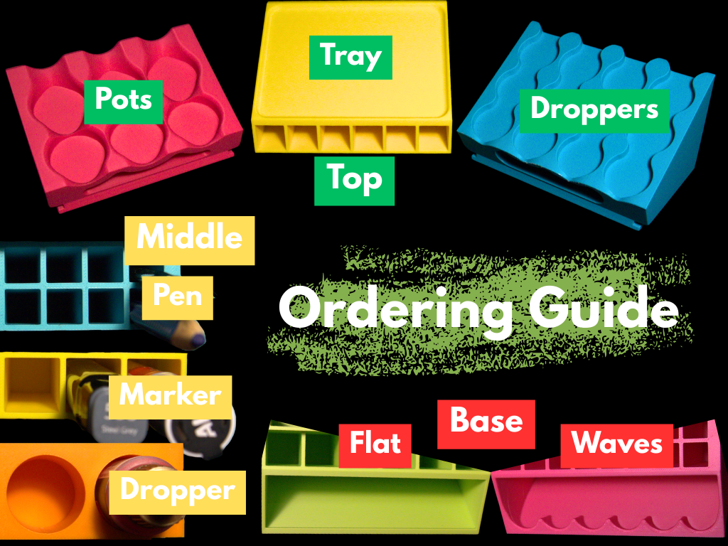 Colorful plastic containers with labels on a black background, labeled 'Ordering Guide'.