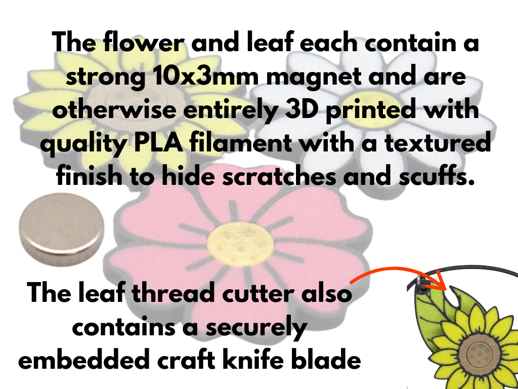3D-printed flowers and leaf with text about magnets and blade