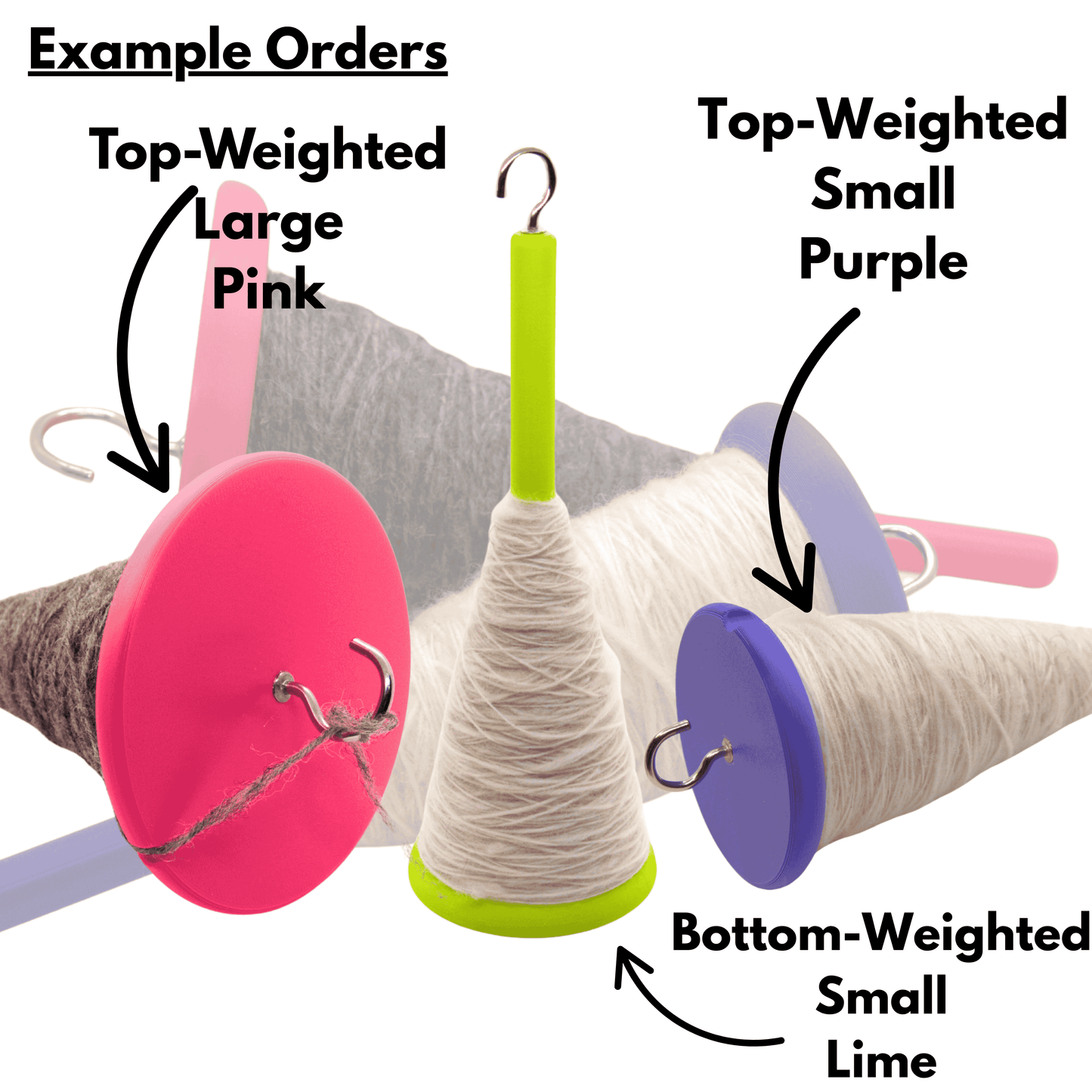 drop spindles with yarn with top-weighted, bottom-weighted, and large pink examples labeled.