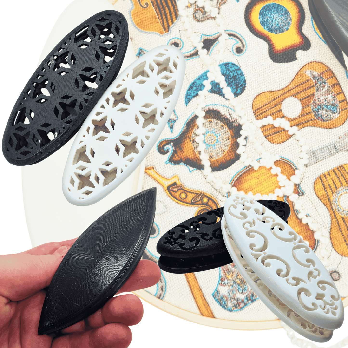 knotting shuttles with various designs and shapes on some knotwork embroidery background