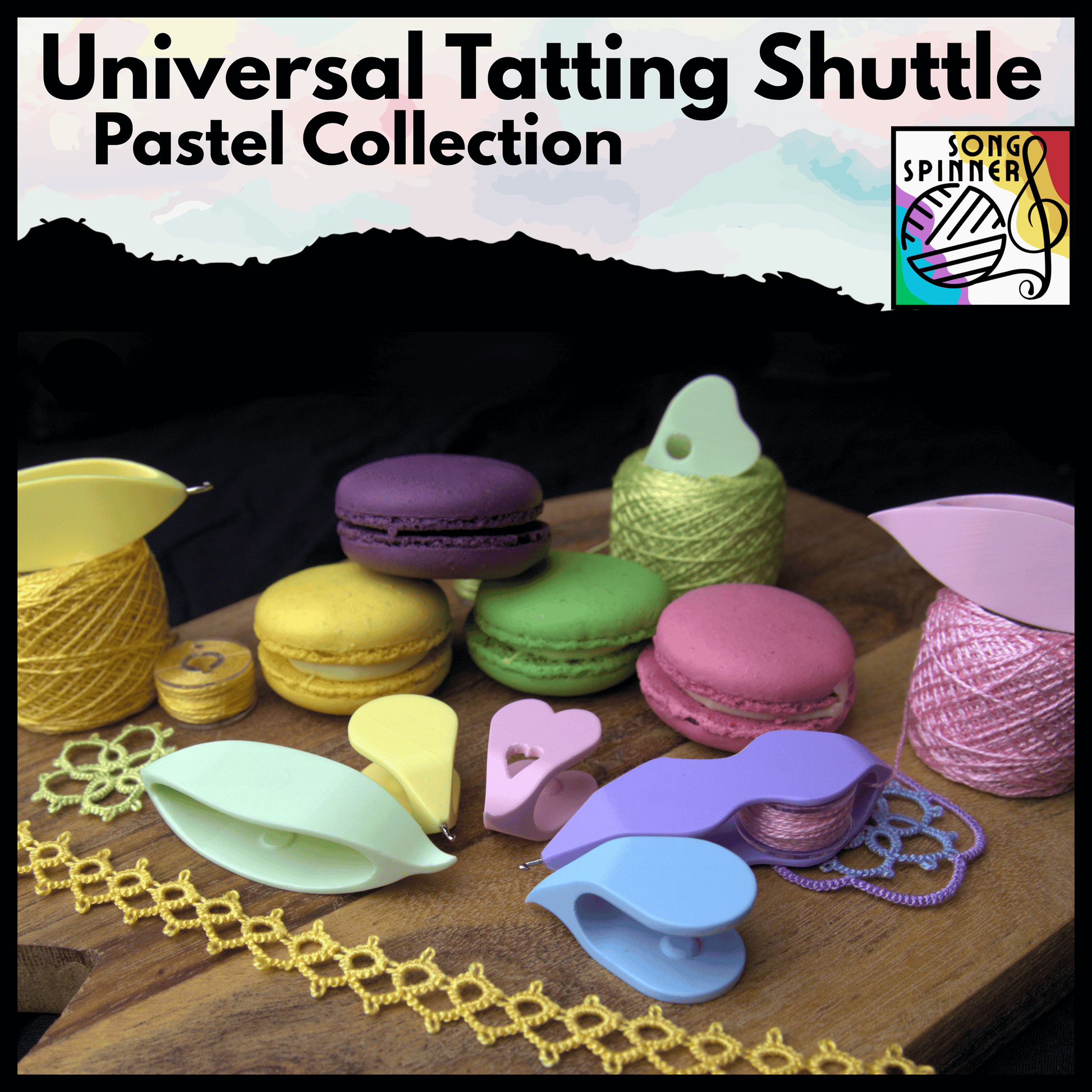 Collection of colorful pastel tatting shuttles on a wooden surface with tatted lacework, branded 'Song Spinner'. 