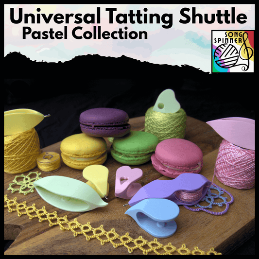 Collection of colorful pastel tatting shuttles on a wooden surface with tatted lacework, branded 'Song Spinner'. 