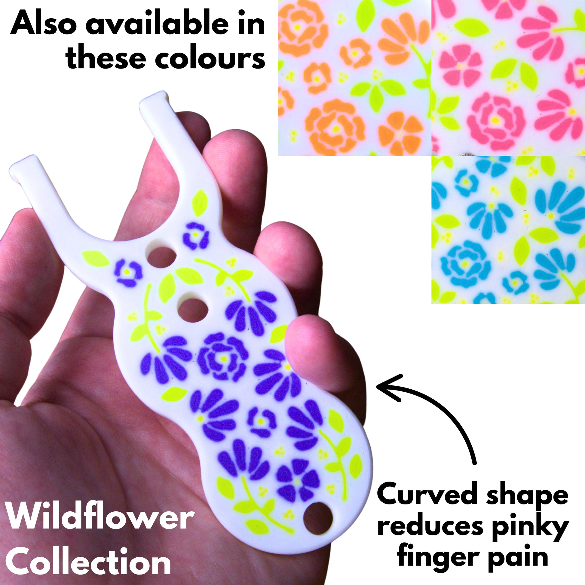 a lucet fork for making viking braiding in a white and purple floral pattern. Text remarks the curved shape reduces pinky finger pain and that the item is part of the wildflower collection and is also available in other colourways