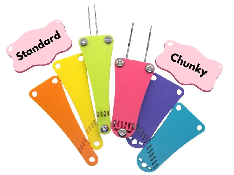 Set of colorful lucet cord making tools labeled 'Standard' and 'Chunky' on a white background