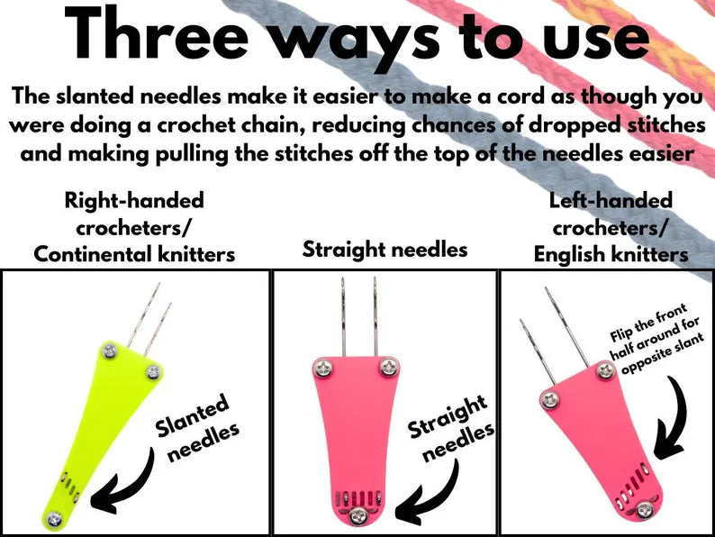 Instructions on using slanted and straight needles for making i-cord or lucet cord