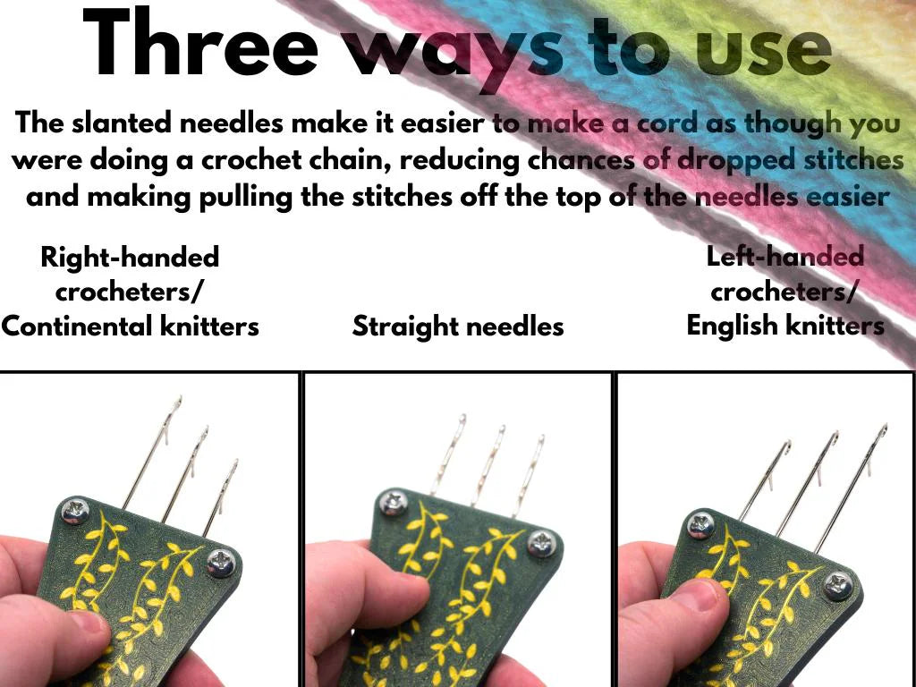 Text reads three ways to use. The slanted needles make it easier to make cord as though you were doing a crochet chain, reducing changes of dropped stitches and making pulling the stitches off the top of the needles easier. Pictures of various needle settings are shown, labelled with right-handed crocheters / continental knitters, straight needles, left-handed crocheters / English knitters.