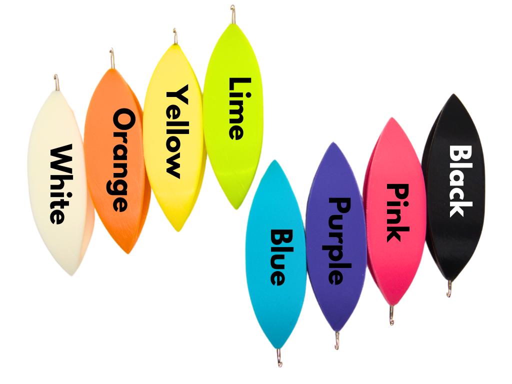 Colorful classic hook tatting shuttles with labels on a white background