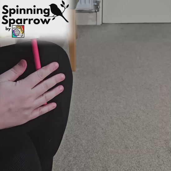 Video features a demonstration of the Spinning Sparrow drop spindle. It shows the spindle being used at various whorl heights, how to change the whorl height on the 'fly', and how to remove the spun fibre from the whorl in order to create a plying ball and then spin from it directly after